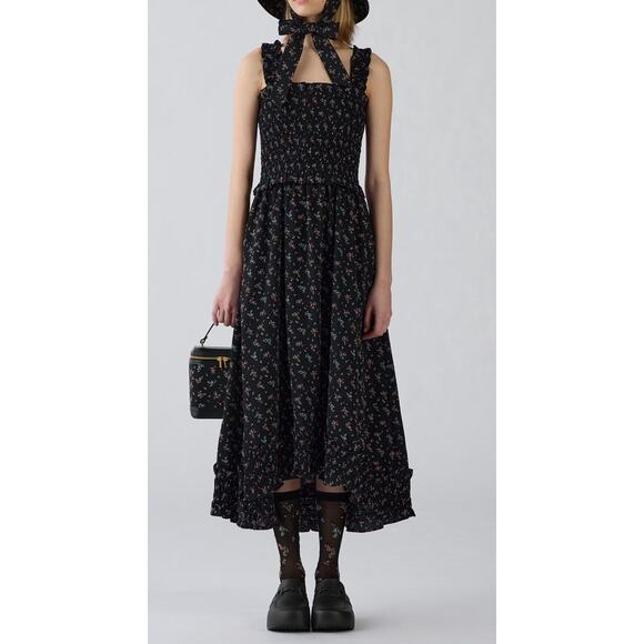 Rokh x GU (Uniqlo) Smocking Camisole Ruffle Dress in Black Floral - Picture 1 of 12